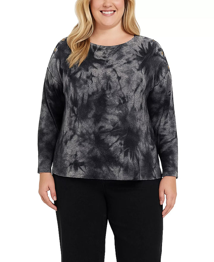 COIN 1804 Plus Size Tie Dye Cozy Button Shoulder Long Sleeve Top MSRP $36