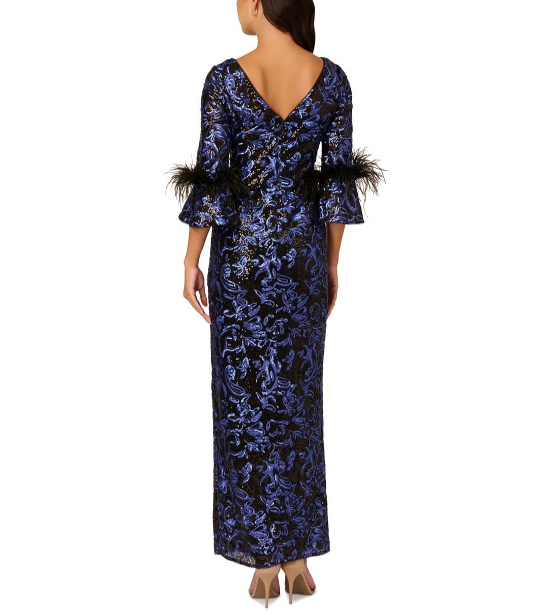 Adrianna Papell Sequined Feather-Trim Gown MSRP $299