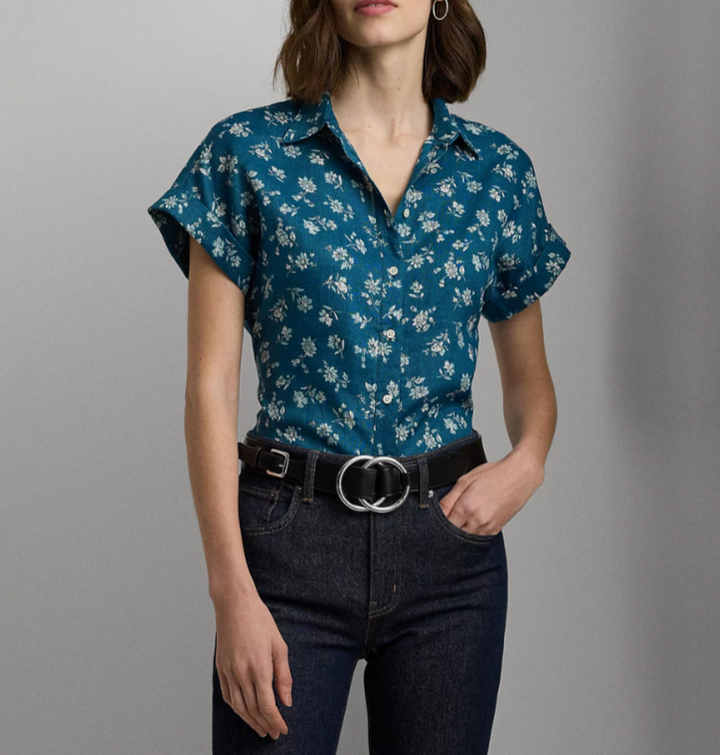 LAUREN Ralph Lauren Linen Cuffed Floral Shirt MSRP $115