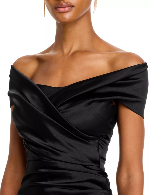 Teri Jon by Rickie Freeman Satin Stretch Off The Shoulder Gown MSRP $760