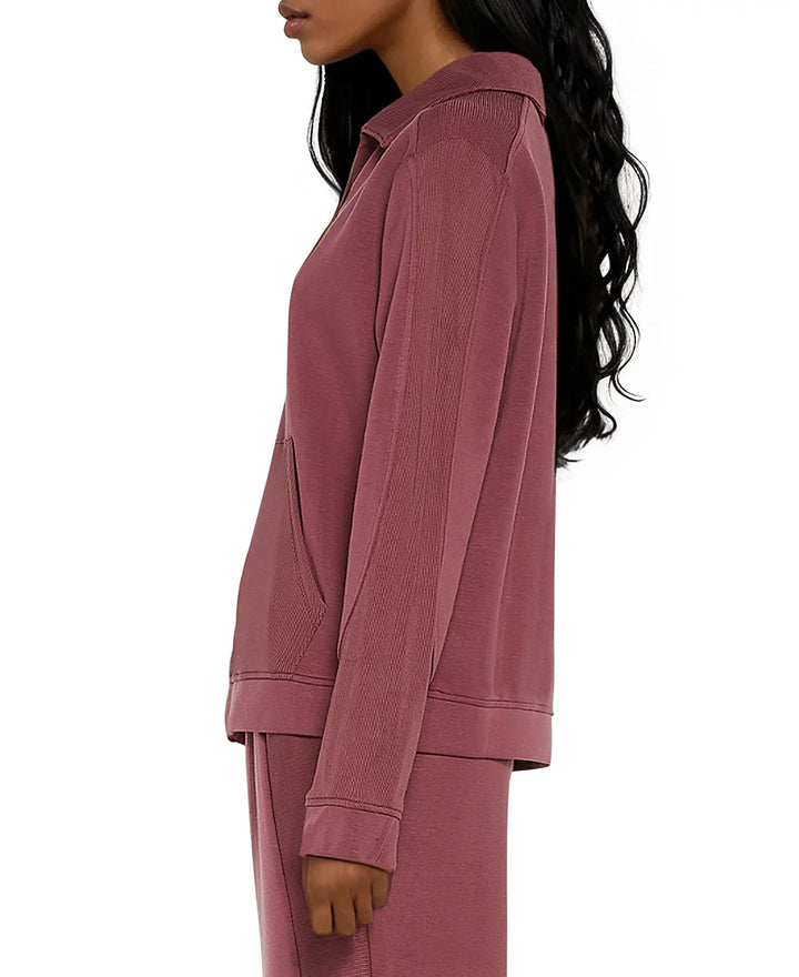 Three Dots Kendra Collared V-Neck Long-Sleeve Top MSRP $88