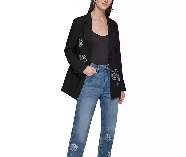 Karl Lagerfeld Paris Women's Embellished Rose Motif Blazer - Black MSRP $219