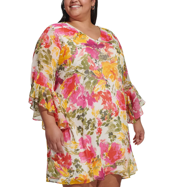Calvin Klein Plus Size Printed V-Neck Bell-Sleeve Shift Dress MSRP $129