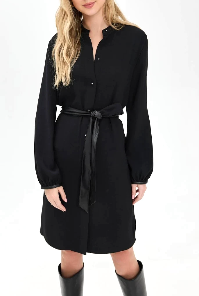 Vince Faux Leather Trim Long Sleeve Shirtdress MSRP $498