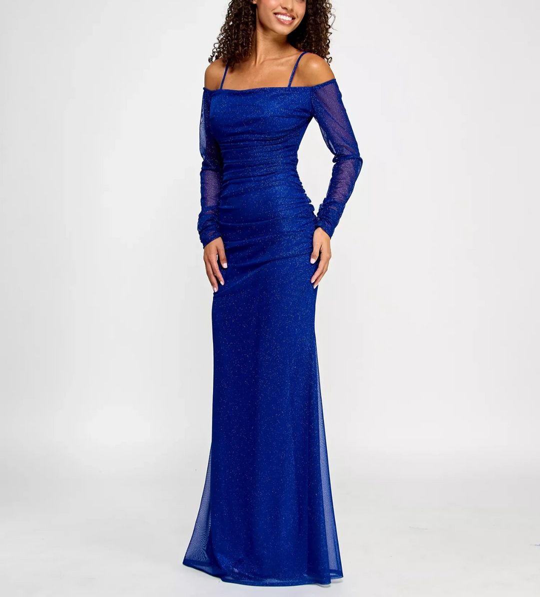 pear culture Juniors' Glitter-Mesh Ruched Off-The-Shoulder Gown MSRP $109
