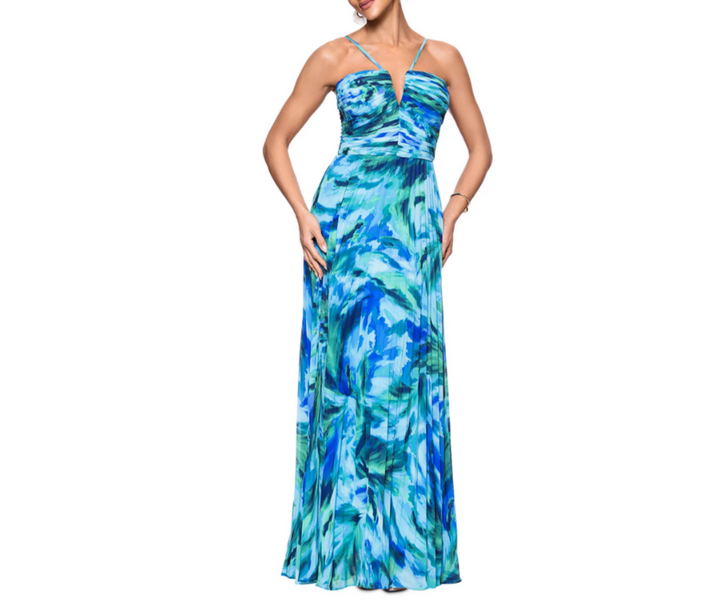 AQUA Pleated Chiffon Printed Dress MSRP $268