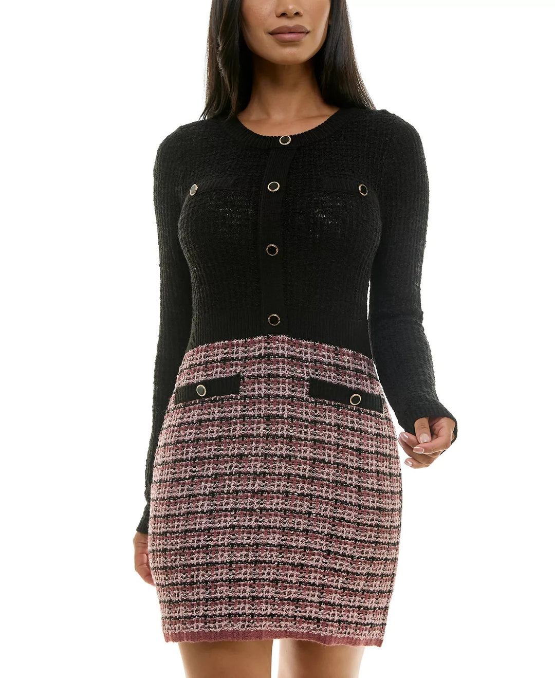 BCX Juniors' Button-Trim Tweed-Skirt Sweater Dress MSRP $69