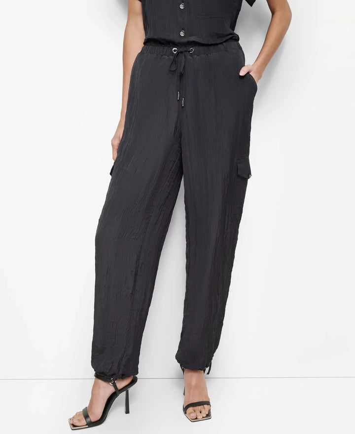 DKNY Women's Tie-Waist High-Rise Crinkle Cargo Joggers MSRP $99