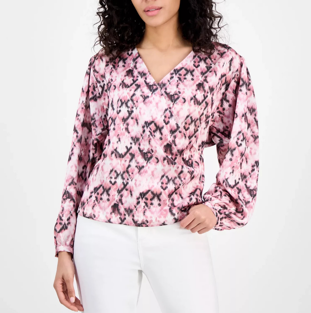 BOSS Orange Women's Printed Long-Sleeve V-Neck Blouse MSRP $129