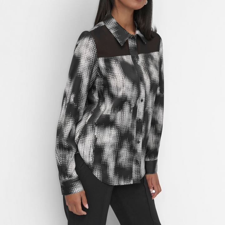 DKNY Women's Sheer-Yoke Abstract-Print Blouse MSRP $89