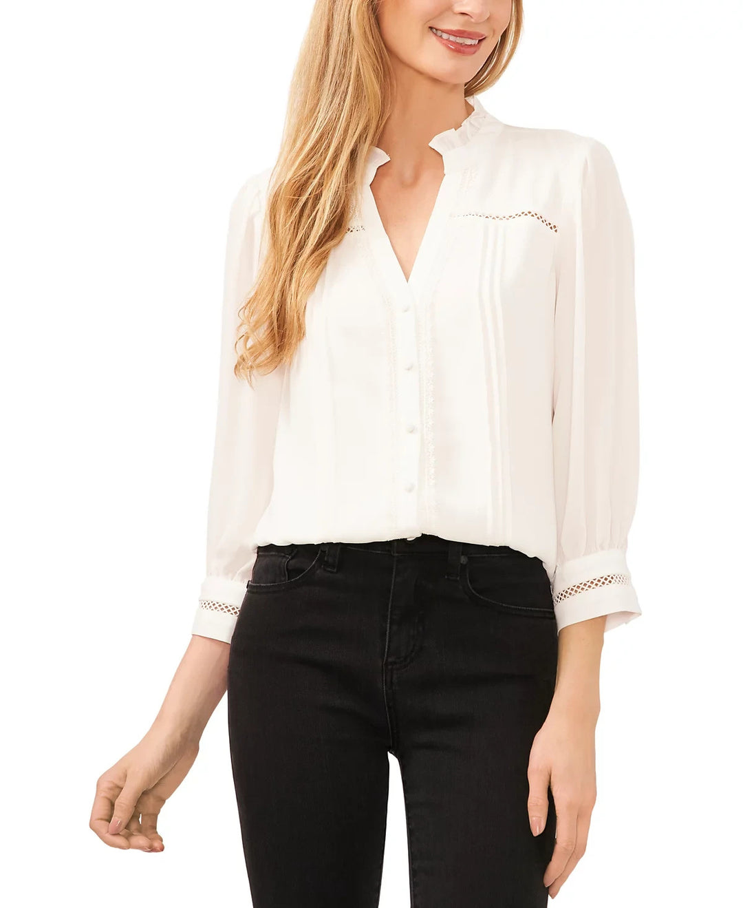CeCe Lace Trimmed Pintuck 3/4-Sleeve Button Front Blouse MSRP $89