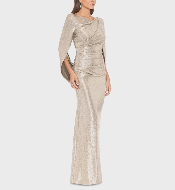 Betsy & Adam Metallic Cape-Sleeve Gown MSRP $269