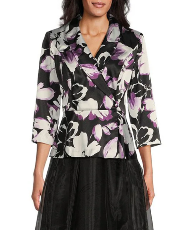 Alex Evenings 3/4 Sleeve Shawl Collar Surplice Floral Blouse MSRP $139