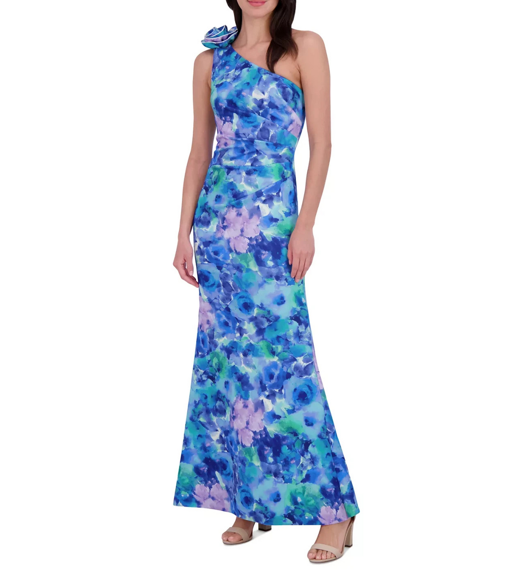 Eliza J Women's Printed Rosette Asymmetric One-Shoulder Gown MSRP $198
