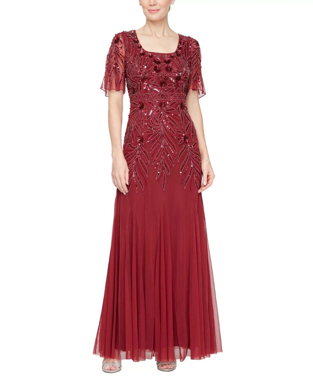 Alex Evenings Sequin Chiffon Flutter-Sleeve Gown MSRP $329