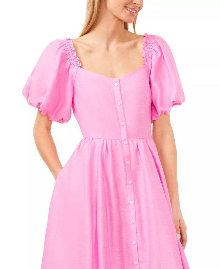 CeCe Women's Puff Sleeve Button Front Midi Dress MSRP $129