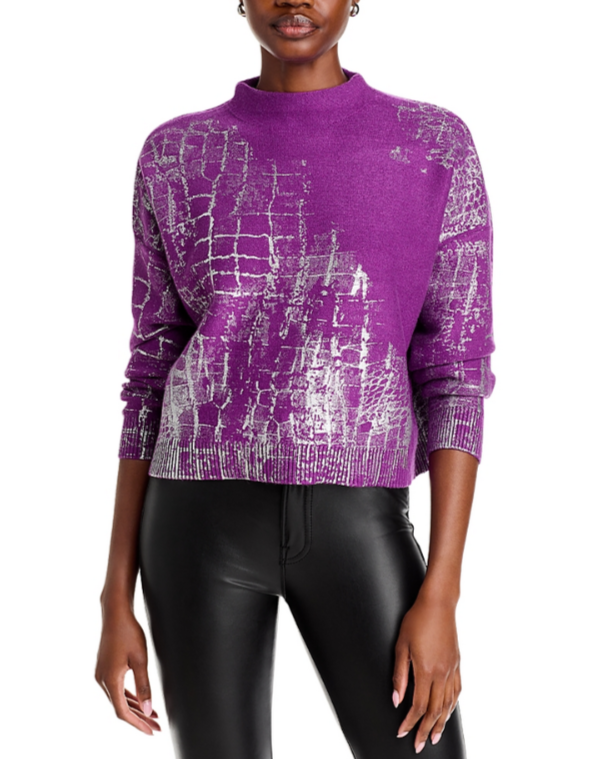 Adrienne Landau Crocodile Foil Print Funnel Neck Sweater MSRP $295