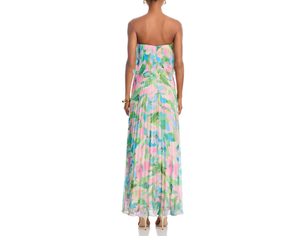 AQUA Printed Pleated Strapless Dress MSRP $298