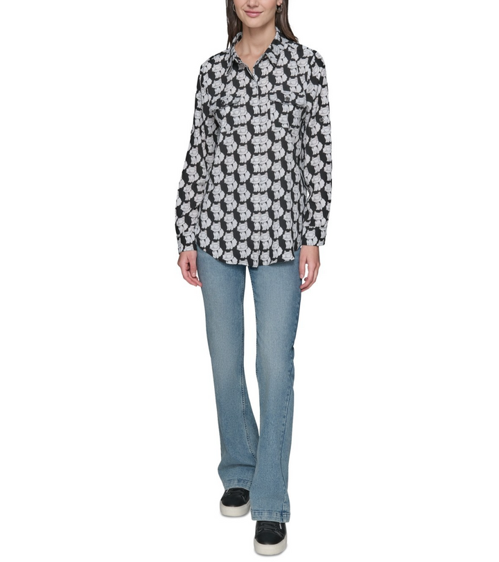 KARL LAGERFELD PARIS Motif Roll-Tab-Sleeve Button-Front Top MSRP $79