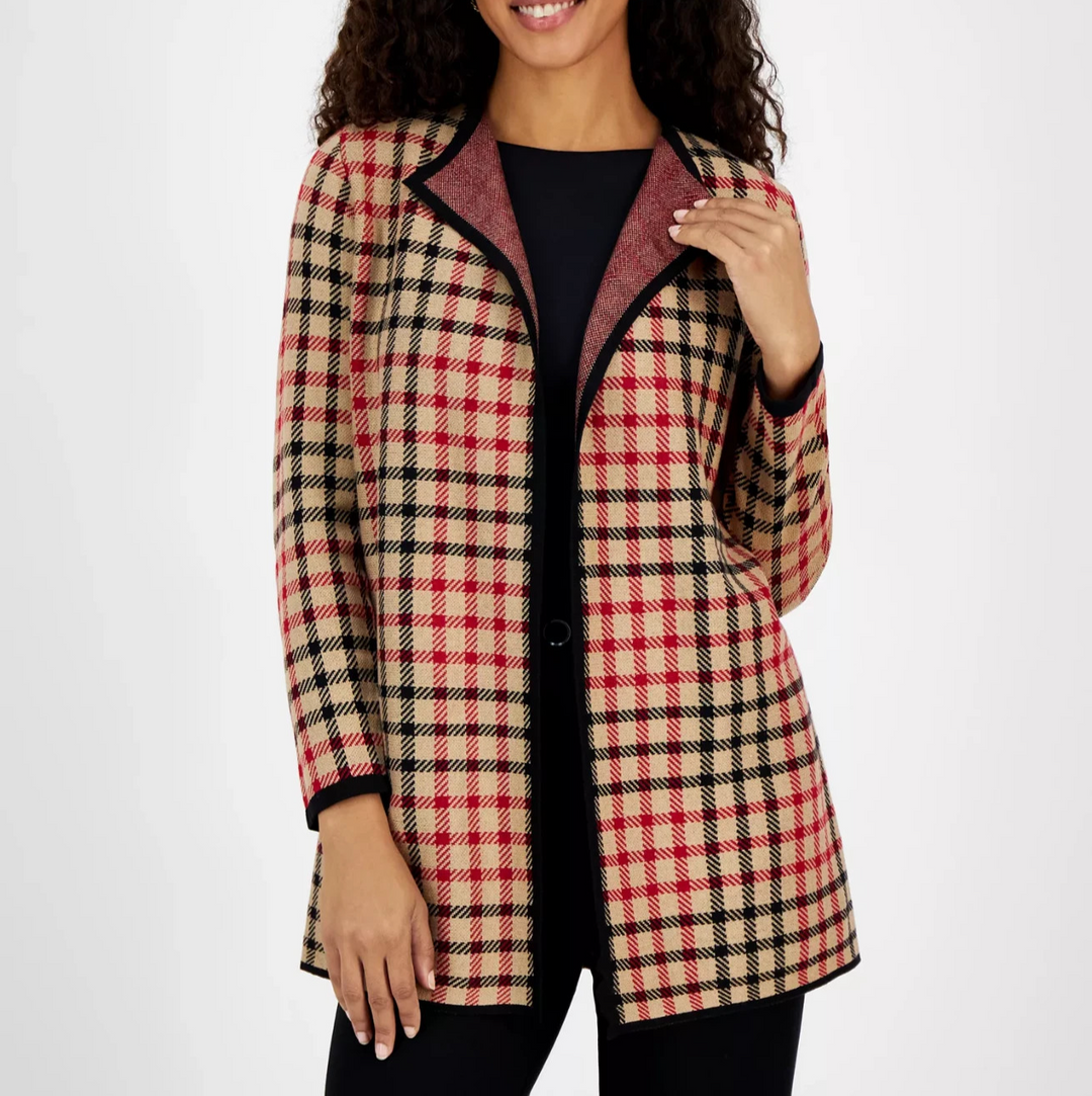 Kasper Women's Plaid Open-Front Cardigan MSRP $119