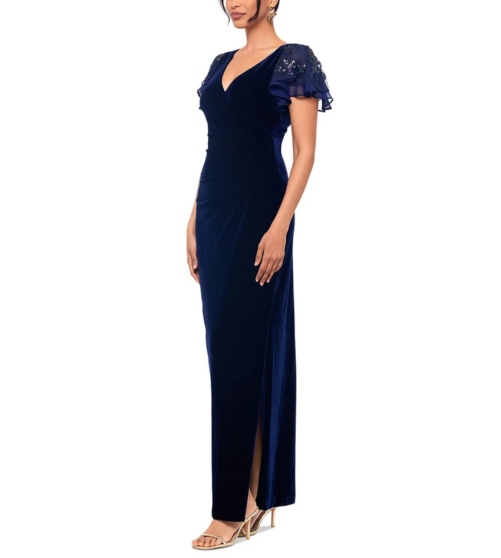 Betsy & Adam Petite Embellished Flutter-Sleeve Velvet Gown MSRP $199