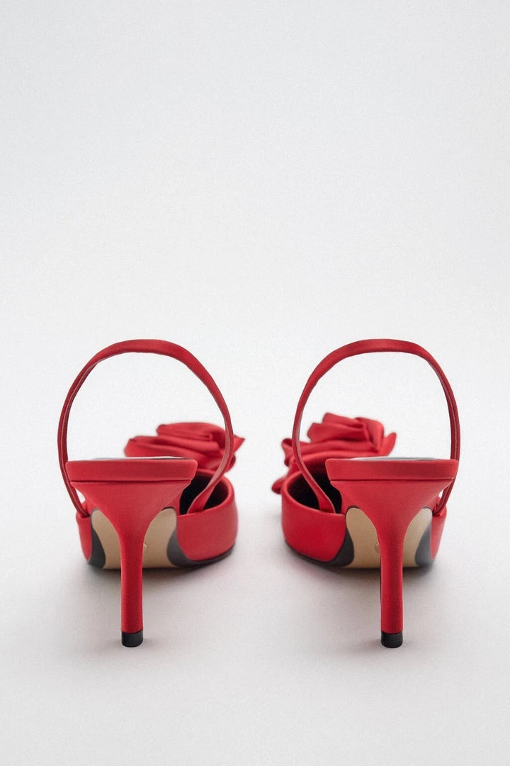 Zara Red Slingback Flower Floral Rosette Satin Pump Heels MSRP $89.90