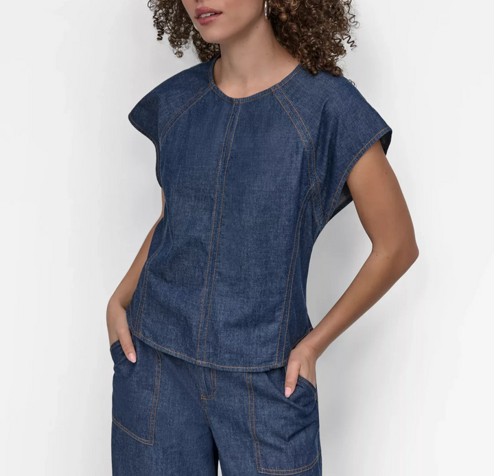 DKNY Women's Cotton Seamed Light-Weight Denim Top MSRP $89