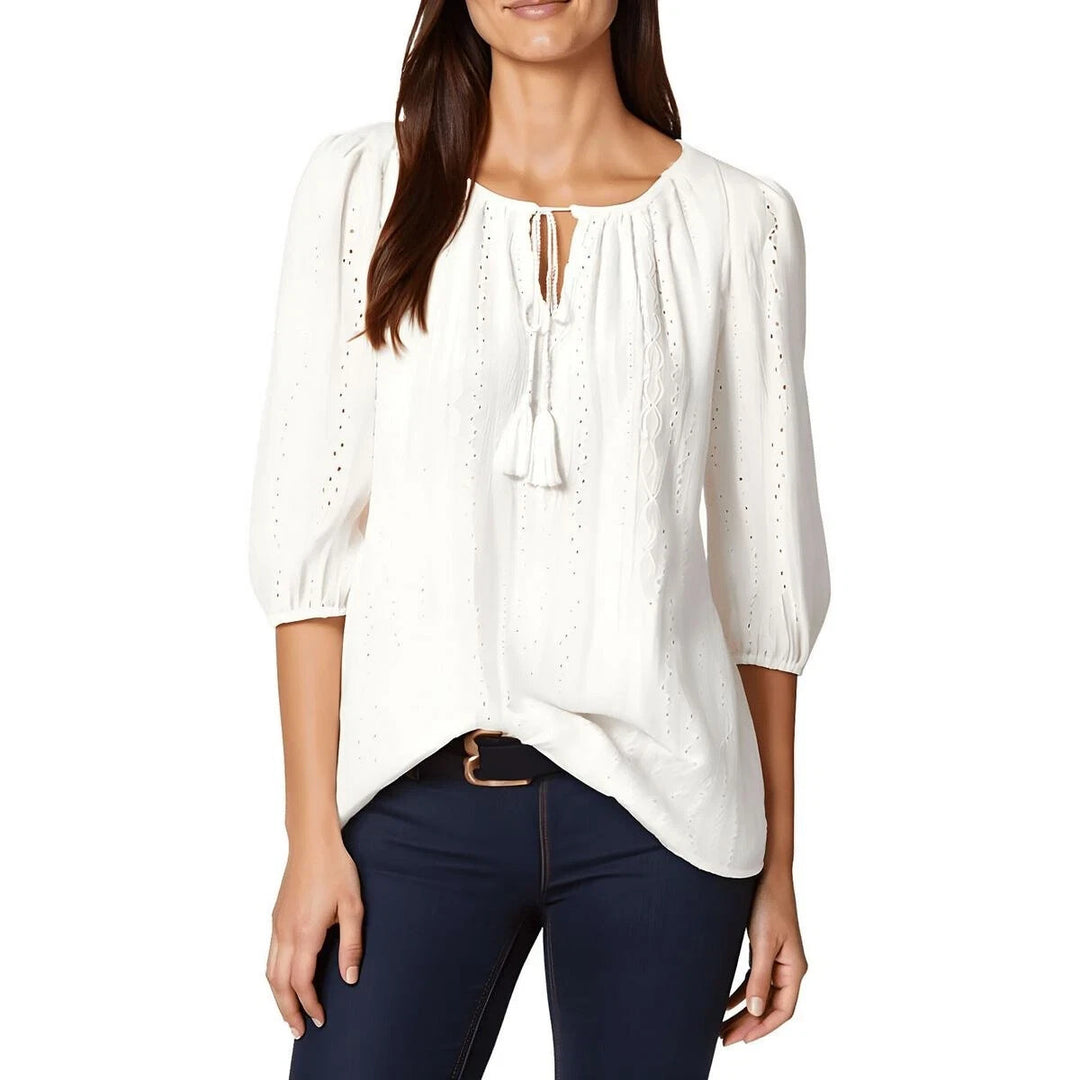 Jones New York Eyelet Self-Tie Split Neck Blouse Top $79