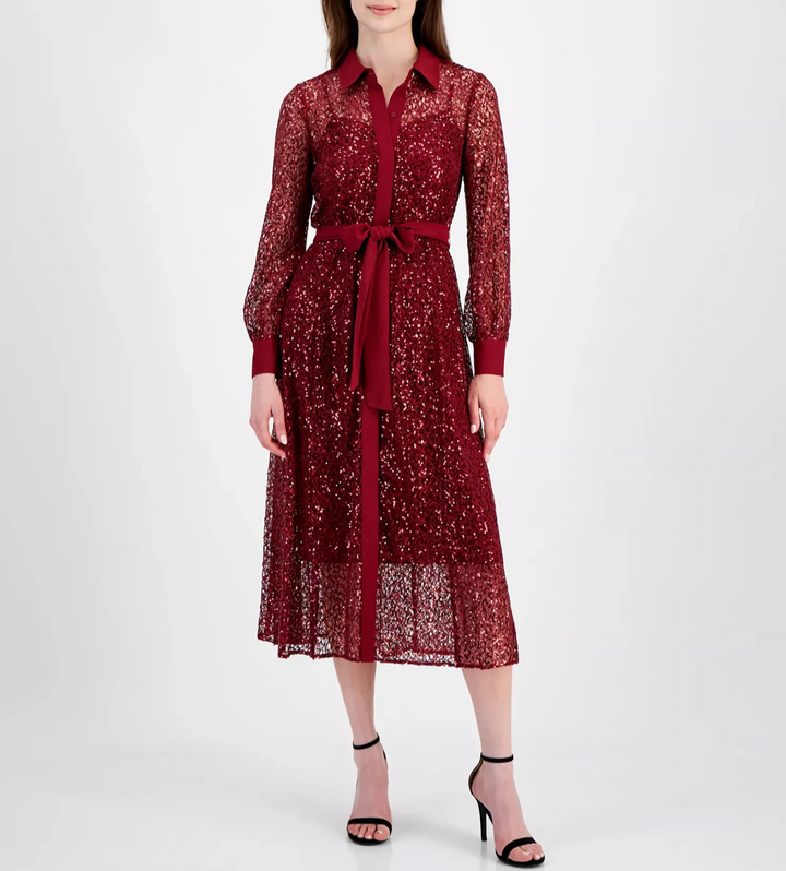 Anne Klein Women's Button-Front Tie-Waist Sequin Dress MSRP $159