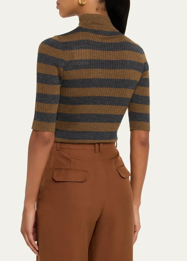 Majestic Filatures Striped Rib Knit Merino Wool Mock-Neck MSRP $280