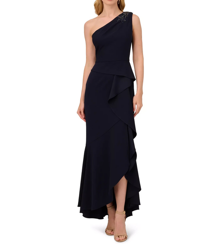 Adrianna Papell Women's Beaded One-Shoulder Crepe Gown MSRP $159