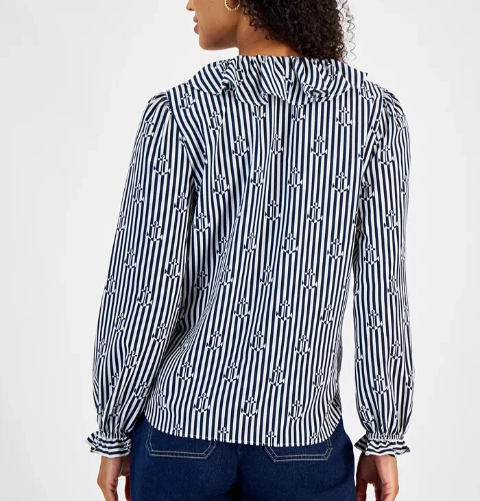Nautica Jeans Women's Ruffled Striped Anchor-Print Top Size L
