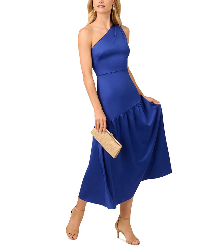 Adrianna Papell Satin Tea-Length One-Shoulder Dress MSRP $189