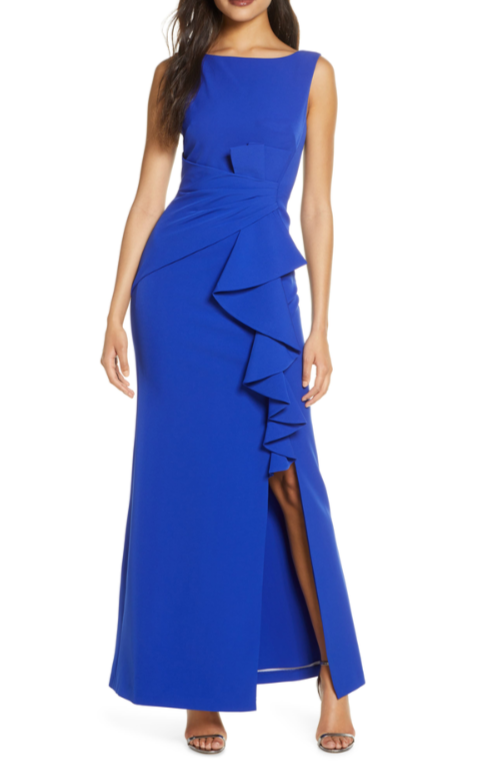 Eliza J Sleeveless Cascading-Ruffle Gown MSRP $188