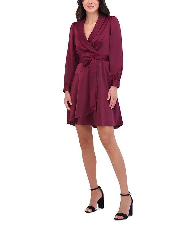 Vince Camuto Petite Crepe-Back Long-Sleeve Faux-Wrap Dress MSRP $178