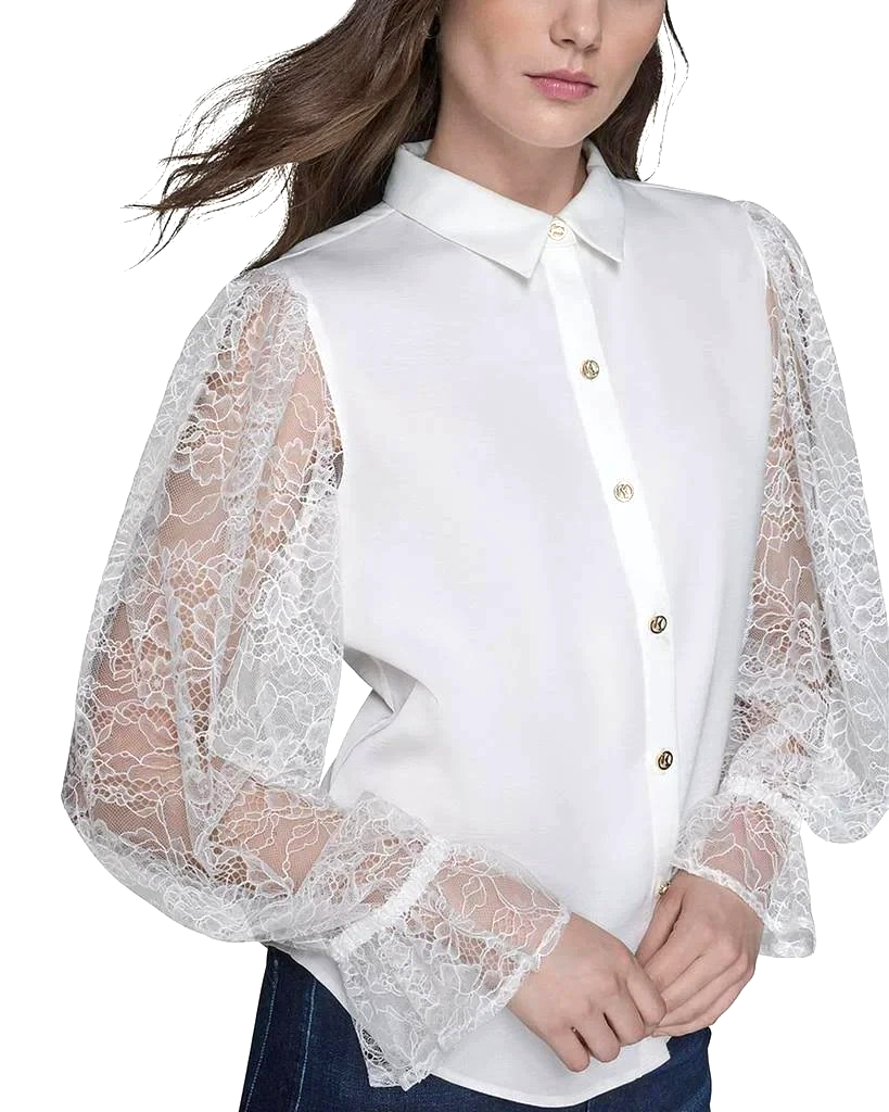 KARL LAGERFELD PARIS Lace Sleeve Button Up Blouse MSRP $109