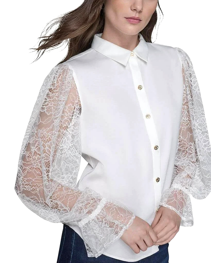 KARL LAGERFELD PARIS Lace Sleeve Button Up Blouse MSRP $109