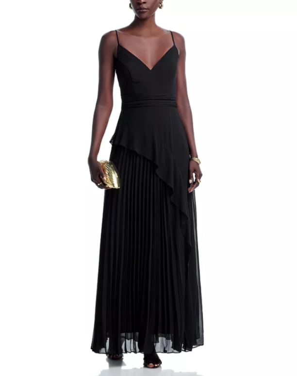 AQUA Long Chiffon Pleated Dress MSRP $278