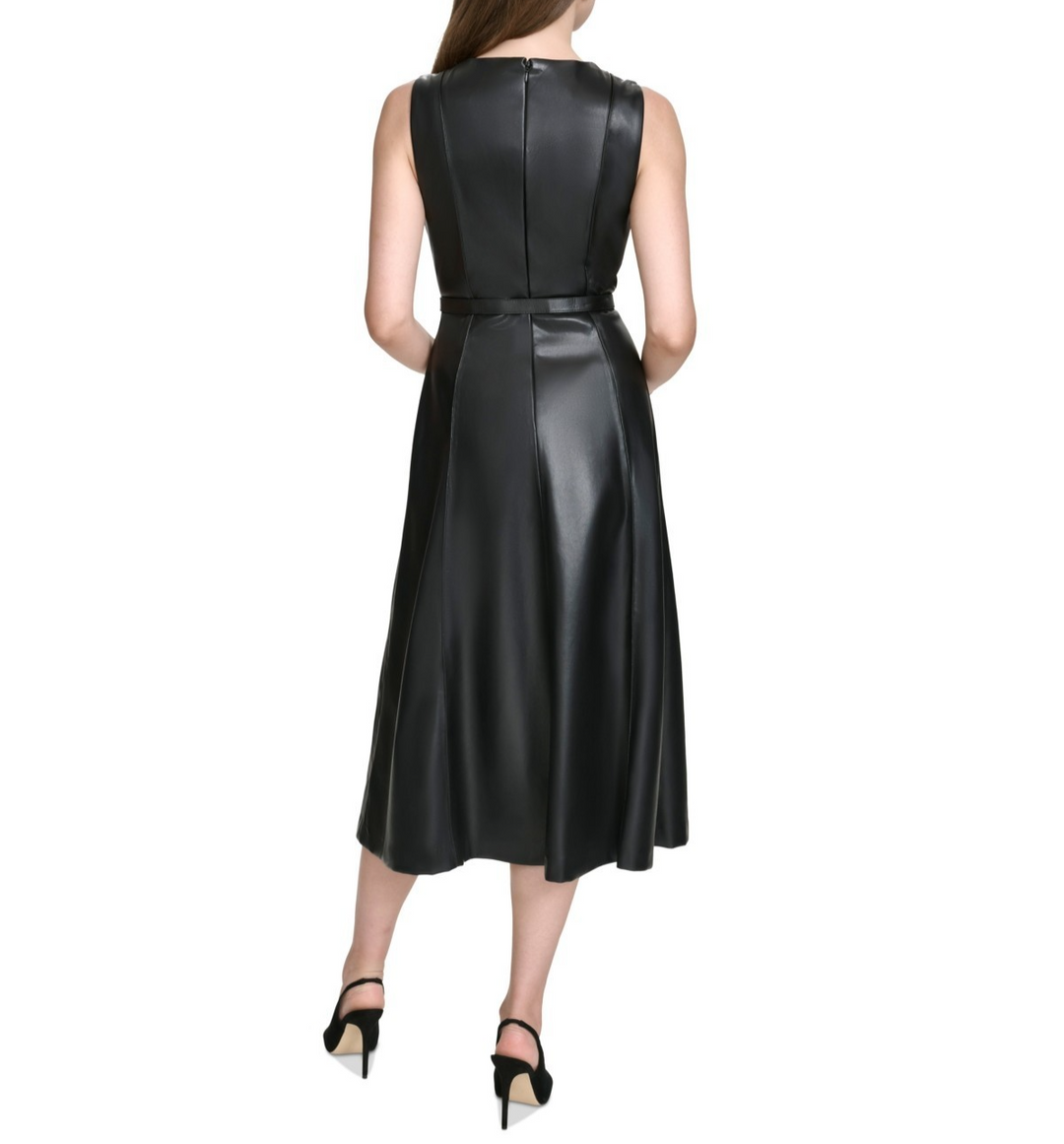 Halston Women's Faux-Leather Belted Sleeveless Midi Dress MSRP $134