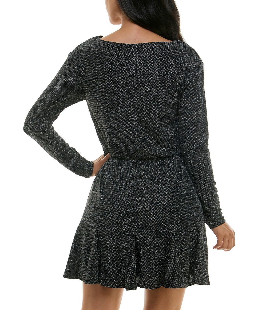 City Studios Juniors' Metallic Draped-Neck Godet-Hem Dress MSRP $59