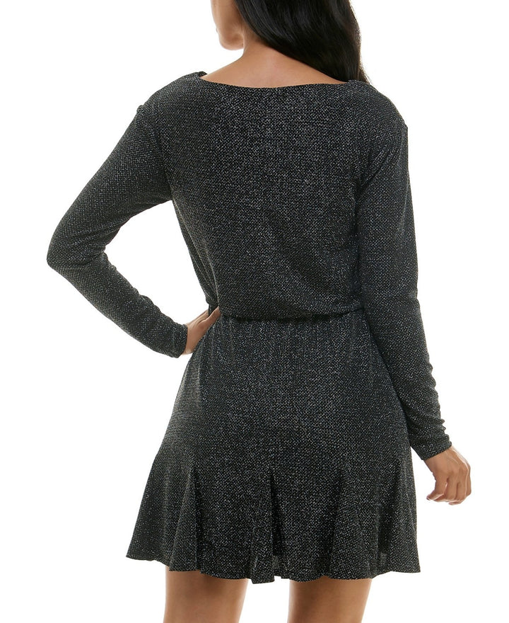 City Studios Juniors' Metallic Draped-Neck Godet-Hem Dress MSRP $59