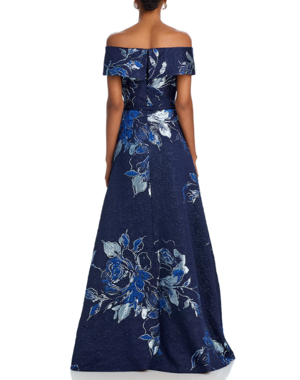 Teri Jon by Rickie Freeman Off-the-Shoulder Metallic Floral Jacquard Gown $880