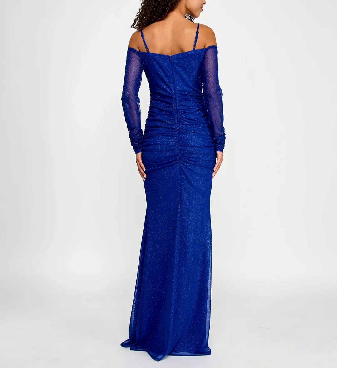 pear culture Juniors' Glitter-Mesh Ruched Off-The-Shoulder Gown MSRP $109