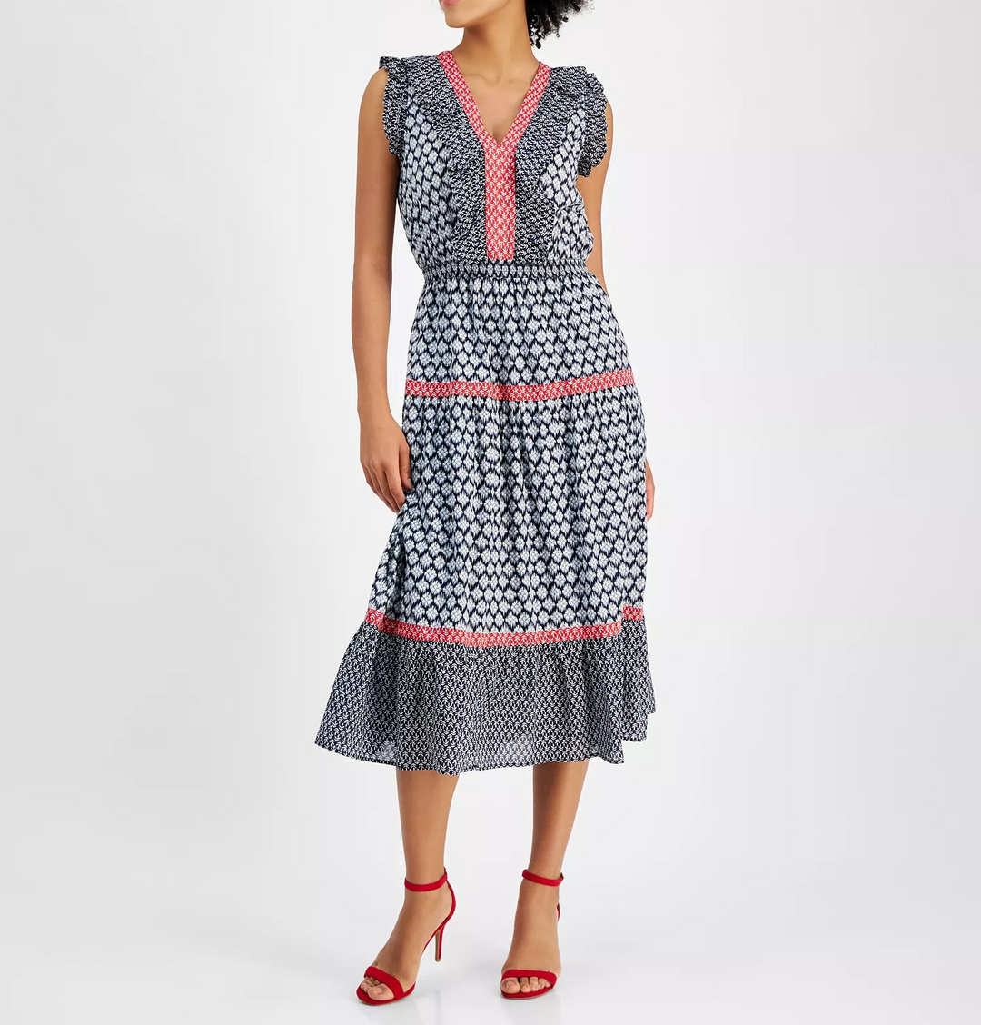 Nautica Jeans Women's Mixed-Print Tiered Midi Dress MSRP $119