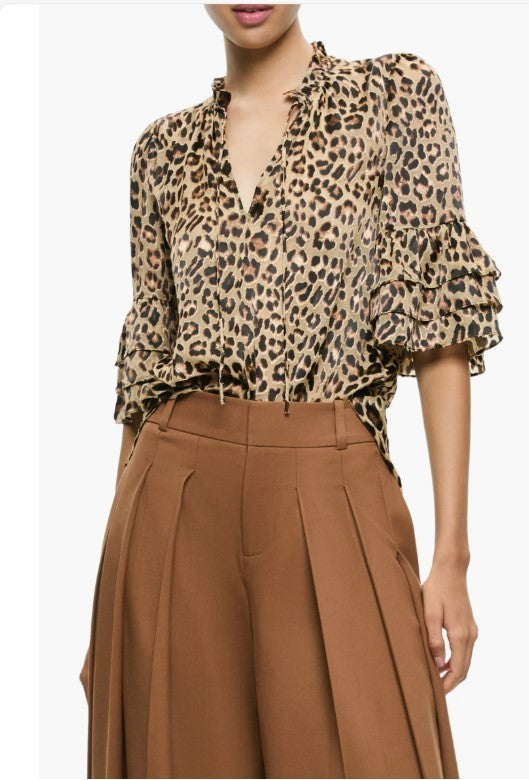 Alice and Olivia Willa Leopard Print Tiered Sleeve Top MSRP $330