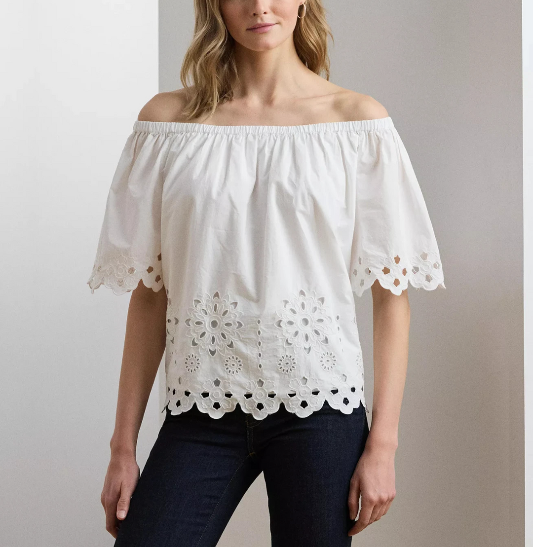 Lauren Ralph Lauren Eyelet Cotton Off-the-Shoulder Blouse MSRP $165