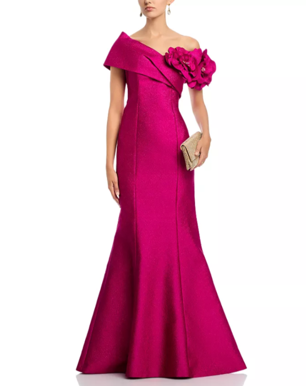 Teri Jon by Rickie Freeman Pebble Jacquard 3D Flower Gown MSRP $1110