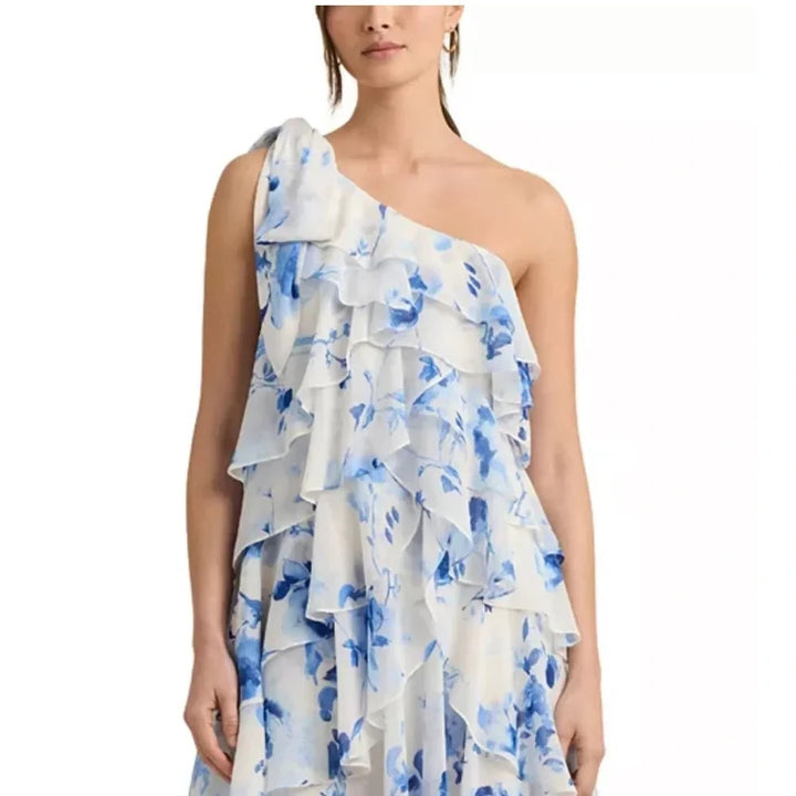 Ralph Lauren Blue Floral One-Shoulder Ruffle Dress MSRP $245