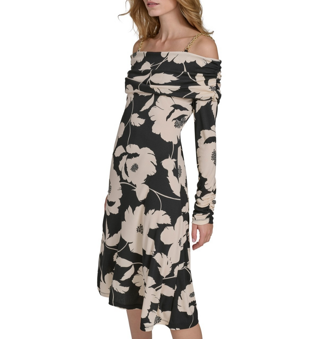 Halston Women's Floral Off-The-Shoulder Chain-Strap Dress MSRP $139