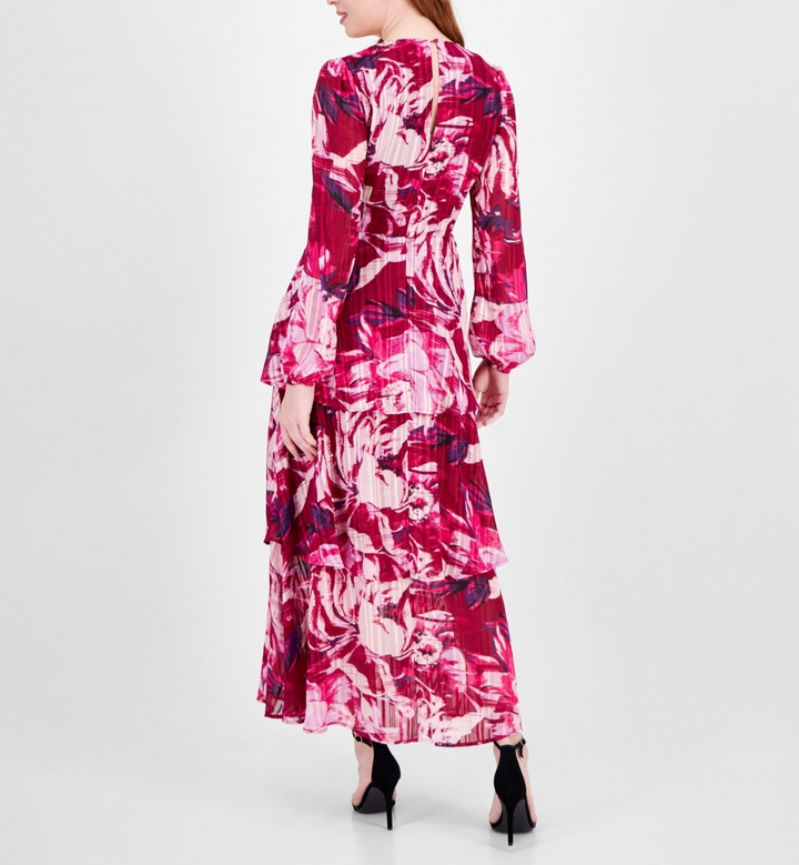RACHEL Rachel Roy Printed Blouson-Sleeve Tiered Maxi Dress MSRP $159